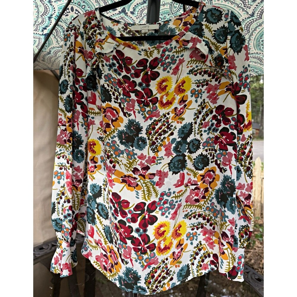 LOFT Blouse Womens L Multicolor Floral Round Neck Long Sleeve Ruffle Woven Large